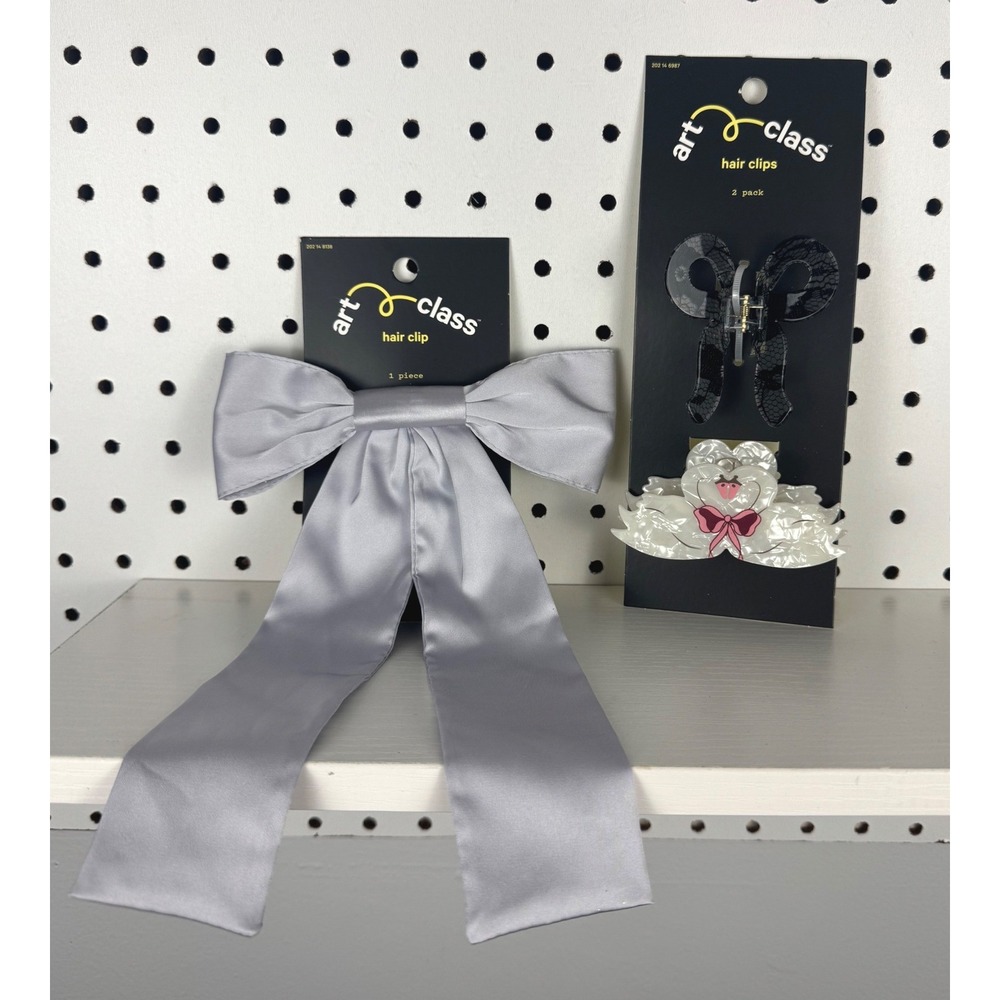 Art Class Hair Clip Bundle Grey Satin Bow and Swan Lace Claw Clips 3pc Set NWT